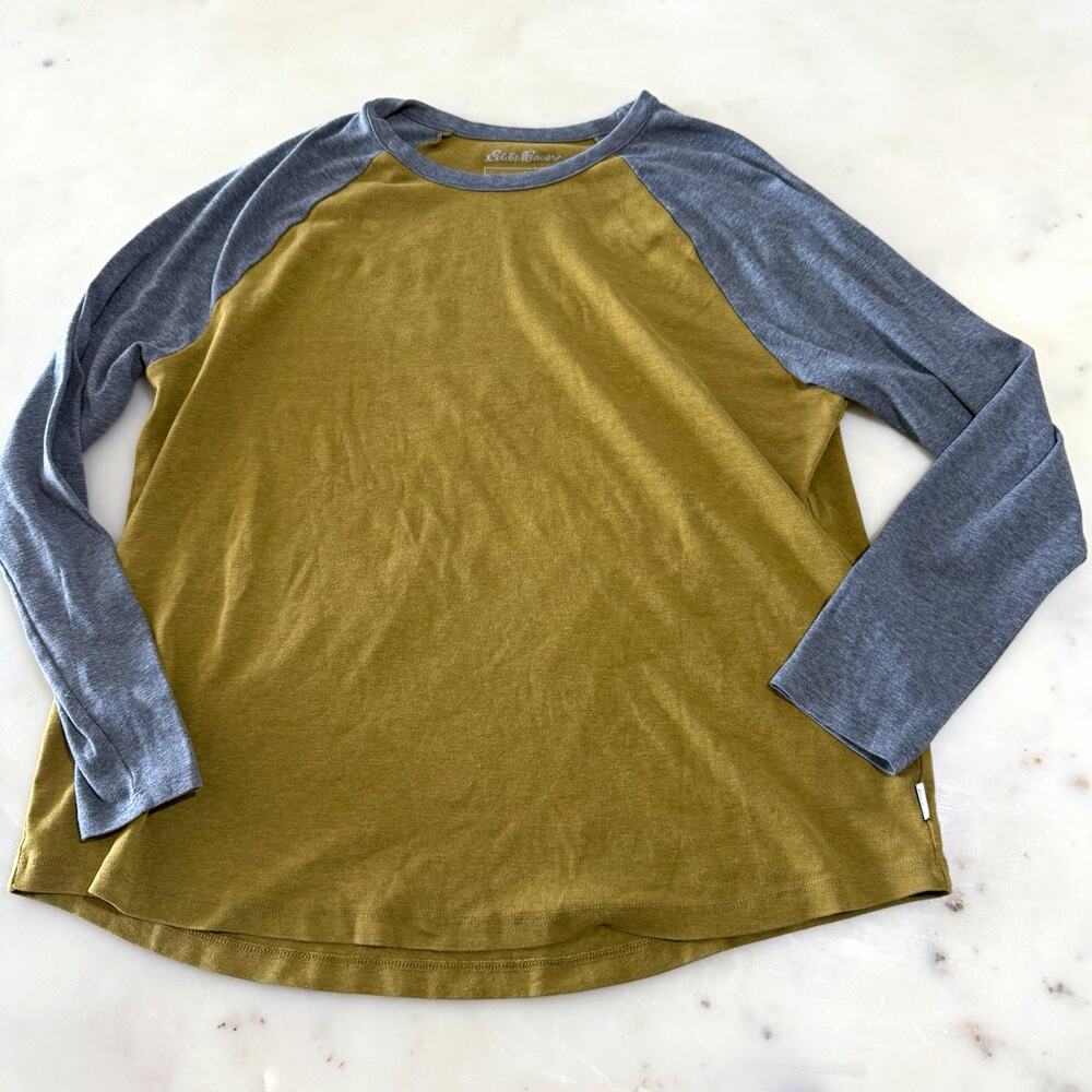 Eddie Bauer Women’s XL Green/Blue Colorblock Knit T-Shirt Raglan Long Sleeve Tee
